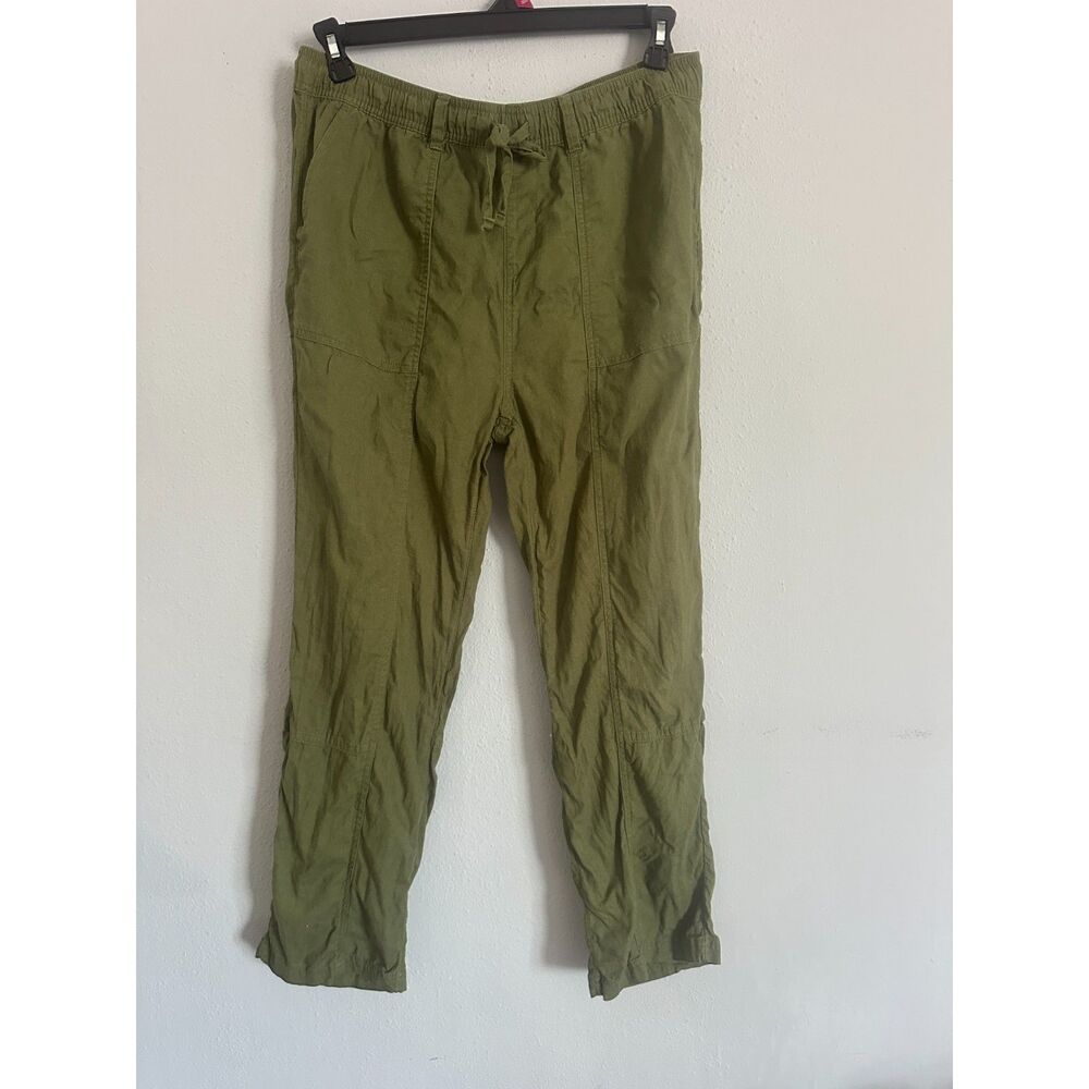 Time and Tru Linen Blend Pants Women M Olive Green Pull On Wide Leg Casual Boho - Picture 2 of 9